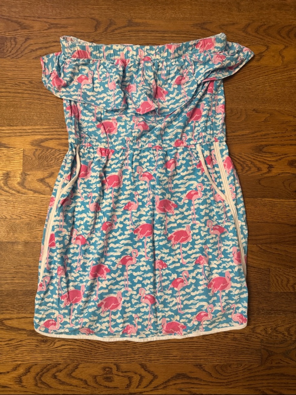 crown & ivy Blue Strapless Dress with Pink Flamingo Print size Large